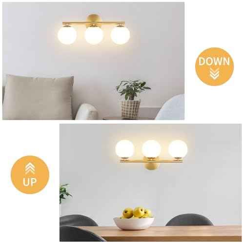 Globe Bathroom Light Fixtures 3-Light Brass Gold Vanity Light with Plastic Milk White Globe Shades 11.81 inch Wall Sconce Lighting Over Mirror, Vanity Lights for Bathroom Bedroom Hallway
