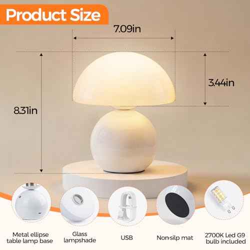 NIORSUN Wireless Mushroom Lamp,Table Lamp for Bedroom, Portables Cordless Lamps,Wireless lamp,Small Bedside Table Touch Lamps for Living Room,Mini Mushroom 5200mAh Battery Operated Lamp Modern (White)