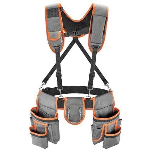 Puratalon Tool Belt Suspenders Padded Carpenter for Men, Detachable & Adjustable Electrician Tool Belts with 24-Pocket for Framers, Roofing, Contractor, 32''-66", Grey and Orange