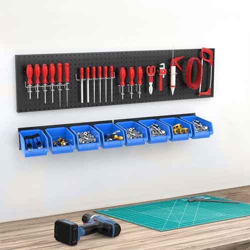 TORACK Wall-Mounted Storage Bins - 8 Plastic Bins & 2 Metal Tracks for Tools Organization in Garage, Craft Room, and Shop(Blue)