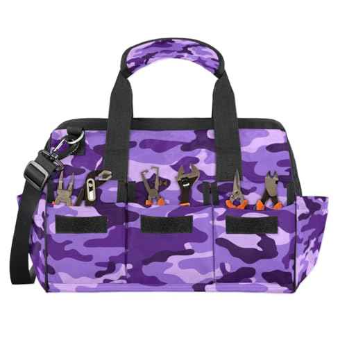 Purple Camouflage Tool Bag for Men Women Multi-Pockets Wide Mouth Tool Storage Bags 14.8 Inch Waterproof Heavy Duty Tool Bag Organizer for Electrician Mechanic Plumbers Handymen