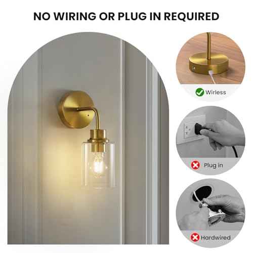 Battery Operated Wall Sconce Set of Two - Dimmable Wireless Sconces Set of 2 with Remote Control, Cordless Rechargeable Gold Wall Lights 3000K Modern Wall lamp for Bathroom Bedroom Living Room
