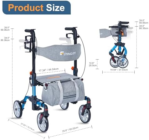 Lightweight Rollator Walker All-Terrain Ultra Compact One-Click Folding with seat and Adjustable Height backrest, 300 lbs Capacity, 8" Wheels for Seniors, Adults, bariatric, Includes Cane Holders