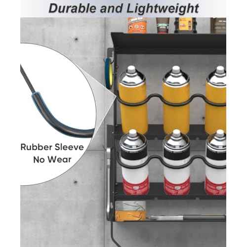 Spray Paint Can Holder with Paper Towel Holder for Home Garage Organizer, Wall Mount Paint Bottle Tool Utility Storage Rack with 8 Holes & 2 Shelf for Shop, Black