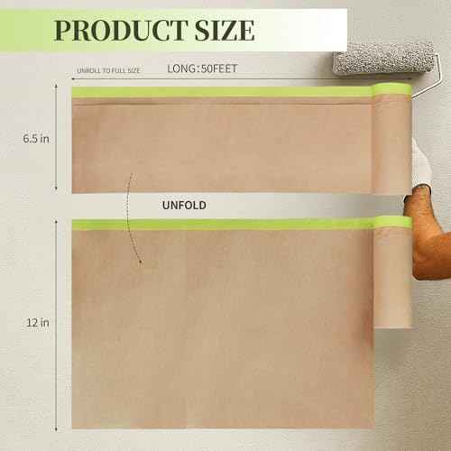 Pre-Taped Masking Paper for Painting 12 inch x 50 Feet, Tape and Drape Adhesive Painters Paper Roll for Walls, Trim, Baseboards, Cars, Auto Body and Furniture (1 Roll)