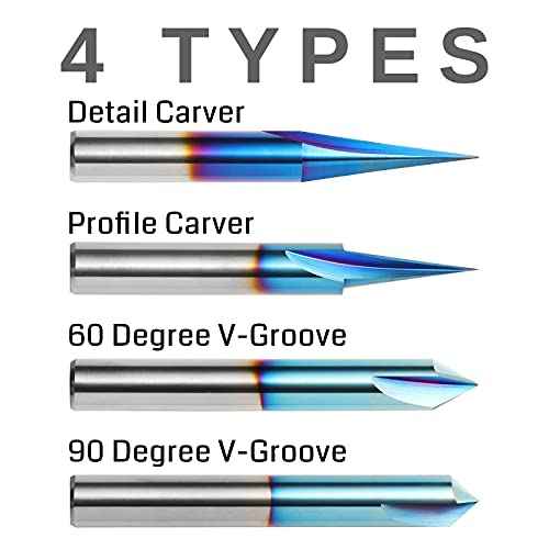Genmitsu CNC Wood Carving Router Bits Set, 1/4'' Shank, 4 PCS, 15¡Æ Detail Carving Liner+ 20¡Æ Profile bit+ 60¡Æ & 90¡Æ V Groove, WC04A