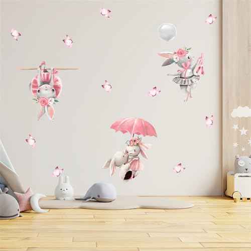 Cute Pink Bunny Butterfly Wall Stickers, sacinora Little Rabbit Cartoon Animal DIY Wall Decal Removable Vinyl Peel and Stick for Kids Baby Girl Nursery Bedroom Toddler Room Kindergarten Art Decoration