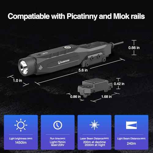 DARKFANG Mlok and Picatinny Flashlight and Laser Combo for Rifle, 1450 Lumen Weapon Light with Removeable Pressure Switch