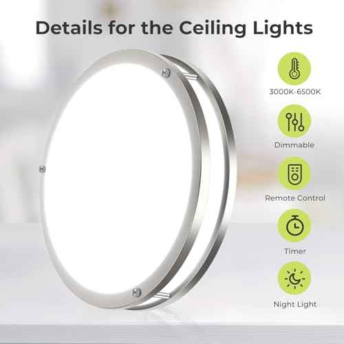 hepside 2Pack Flush Mount LED Ceiling Light with Remote, Dimmable& 3000K-6500K Adjustable Ceiling Light Fixture, Timer, Night Light, 13 inch Brushed Nickel Ceiling Lamps for Kitchen Bathroom Bedroom