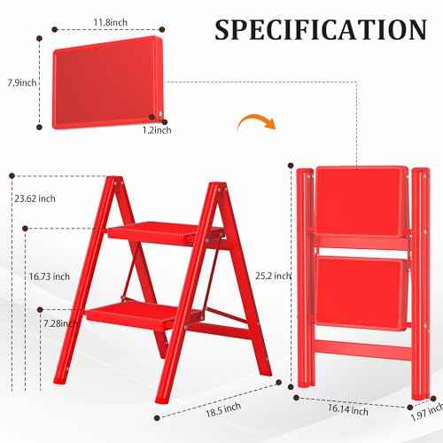 2 Step Ladder, Folding Step Stool with Anti-Slip Wide Pedal, Anti-Slip Feet, Sturdiest Steel Construction, Steel Ladder for Home and Office, Red