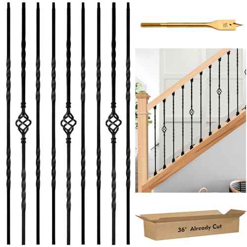 9 Pack Iron Stair Balusters, 36" Balusters for Staircase Interior, Stair Spindles Hollow Single Basket with Knuckles Double Twist 1/2" Square Metal Stair Wrought Iron Balusters (Pre-Cutting)