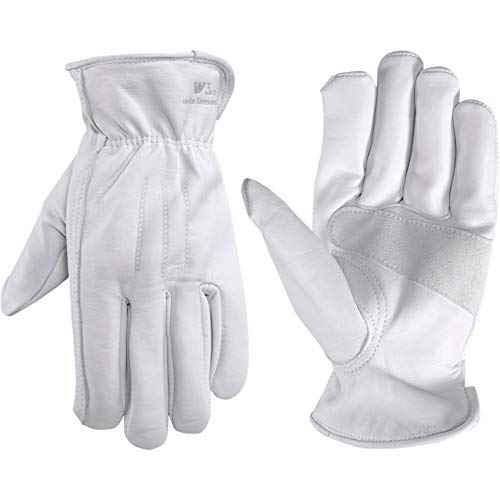 Wells Lamont Men¡¯s Full Leather Goatskin Work Gloves, Reinforced Palm Patch with Elastic Wrist, Soft Grain Leather for Durability, Comfort, and Dexterity