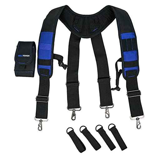 MELOTOUGH Tool Belt Suspenders Construction Work Belt Suspenders with detachable phone holder comfortable foam shoulder padder (Blue)