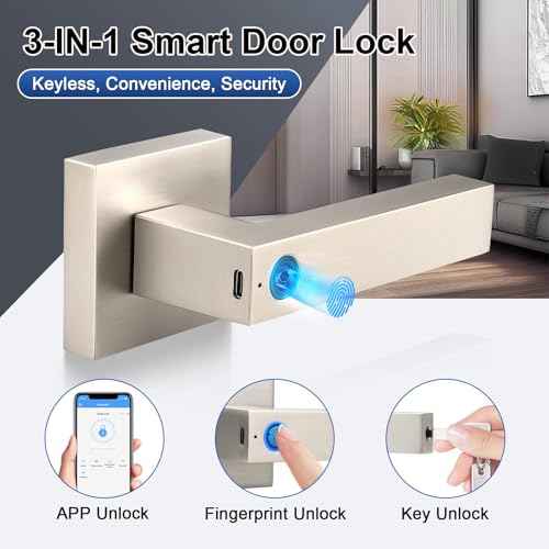 KNOBWELL Smart Fingerprint Door Lock with App Control, Smart Door Lock, Biometric Door Knob, Keyless Entry Door Lock with Handle for Home, Hotel, Apartment, Office, Airbnb-Silver