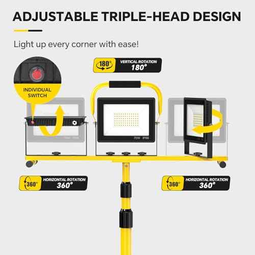 21000 Lumen LED Work Lights with Stand: 3 Head Adjustable Work Light with Individual Switch, IP66 Waterproof Foldable Tripod, 16.5FT Cord for Indoor/Outdoor Job Site Construction Garage Lighting