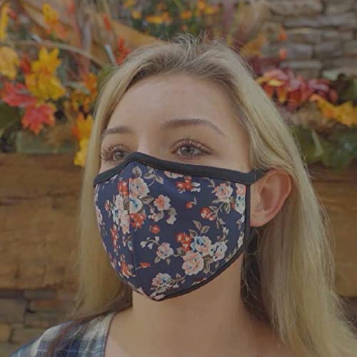 3PCS Floral Face Mask - Outter Navy Blue Inner White Cotton - Reusable Cloth Comfy Breathable Material - for Outdoor Half Face Protections - Cute Face Protections for Women Man
