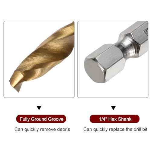 HARFINGTON 12pcs 7/64" Hex Shank Drill Bits 1/4" Titanium Drill Bits Set M35 High Speed Steel Twist Drill Bit 85mm Long Fully Ground for Wood, Stainless Steel, Metal, Plastic Plastic