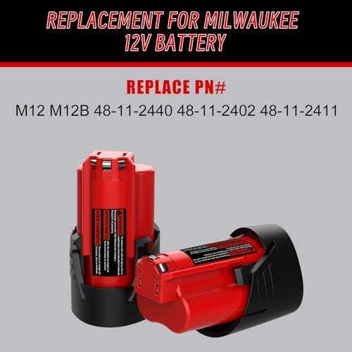 2 Pack 12V Replacement for Milwaukee M 12 Battery 48-11-2420 48-11-2425 48-11-2411 48-11-2401 & 48-59-2401 Dual Port M 12 Charger