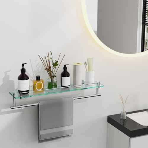 24-Inch Floating Tempered Glass Bathroom Shelf with Towel Bar - Chrome Polished & Stainless Steel, Wall Mount