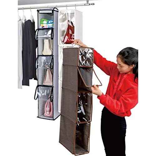 4 Tier Handbag Purse Organizer with Dustproof Cover, Foldable Hanging Closet Wardrobe Storage Shelves Closet Storage System for Living Room Bedroom Home Use, Grey