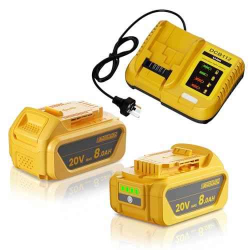Upgraded 2 Pack 8.0Ah Replacement for Dewalt 20V Max Battery and Charger Compatible to DCB200 DCB201 DCB204 DCB206 DCB207 and DCB120 DCB124 DCB127 Battery