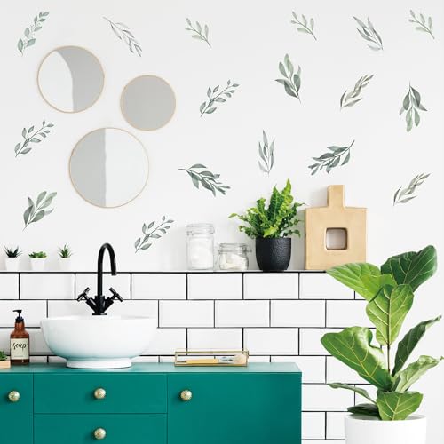 96 Pcs Sheets Pack Ink-Wash Style Self-Adhesive Waterproof Vinyl Wall Stickers-12 Sheet Leaf Decals for Wall Decor in Living Room/Cafe/Nursery/Bedroom/Office(Pastoral stylel)
