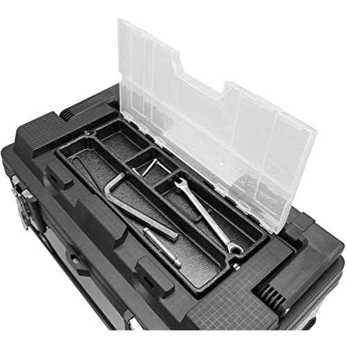 Road Dawg ROAD DAWG A5519BD Torin 18" Stainless Steel Portable Storage Tool Box Organizer with Metal Lock, Clear Lid Compartments, and Removable Tray - Stainless Steel/Black