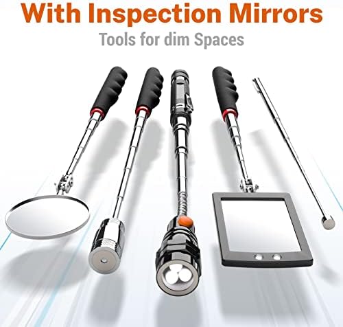 Telescoping Magnetic Pickup Tool Set with 1 & 15 lb Pick Up Sticks, Round and Square 360 Adjustable Inspection Mirror and Flexible LED Flashlight, Birthday Gifts for Men, Dad