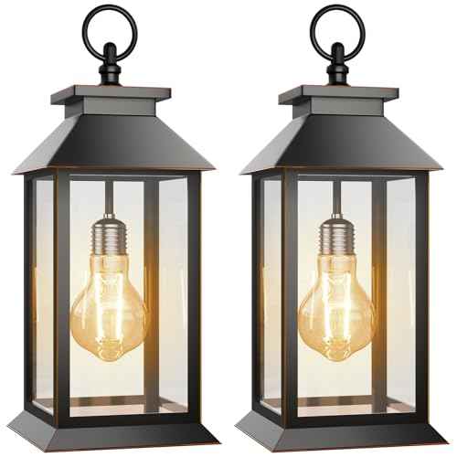 2 Pack Hanging Solar Lanterns Glass Solar Lights Outdoor Waterproof Upgraded Solar and 2 AA Batteries Powered, for Outside Porch, Patio and Indoor Tables, Mantelpiece