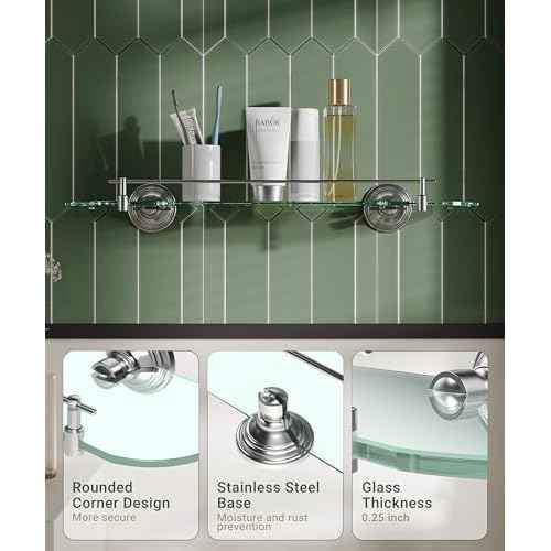 Glass Shelf for Bathroom, 20 Inch Glass Floating Shelves for Wall, Glass Bathroom Shelves with Stainless Steel guardrail (Brushed Nickel)