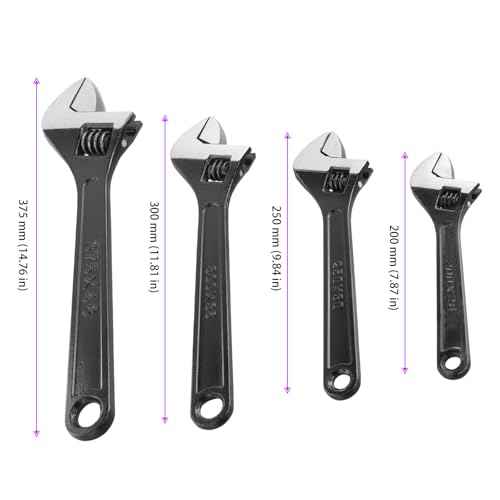 HOIGON Set of 4 Black Adjustable Wrench, 8 10 12 15 Inch Heavy Duty Crescent Wrenches with Wide Jaw and Ergonomic Handle for Machine Maintenance