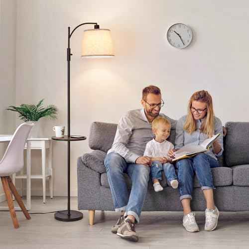 AIDENOEY Fully Dimmable Floor Lamp for Living Room£¬Standing Lamp Rotary Switch with Table&Linen Beige Shade£¬Black Tall Lamps for Bedroom with Adjust Head£¬9W LED Bulb Included
