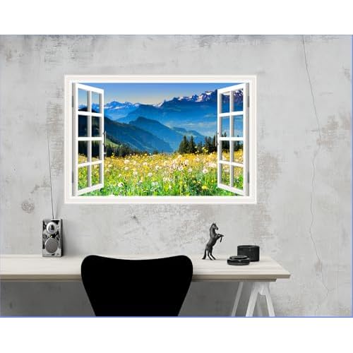3D Self-Adhesive Painting Fake Window Wall Stickers Tropical Island with Palm Trees Wall Mural Window View Wall Decor for Home (O, 27.6"¡¿17.3")