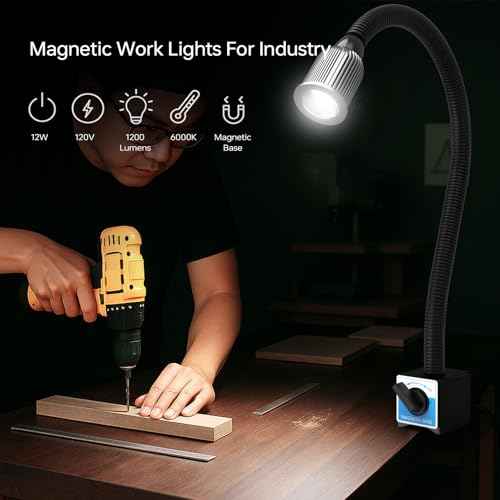 Magnetic Light, 1200 Lumen 120v Flexible Gooseneck Work Light with Adjustable Magnetic Base for CNC Milling Drill Press Sewing Machine Industrial Lighting, 12W