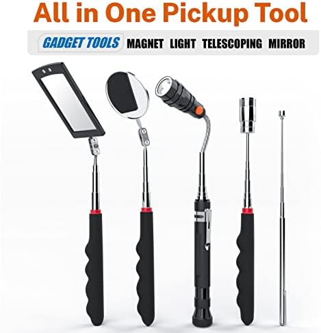 Telescoping Magnetic Pickup Tool Set with 1 & 15 lb Pick Up Sticks, Round and Square 360 Adjustable Inspection Mirror and Flexible LED Flashlight, Birthday Gifts for Men, Dad