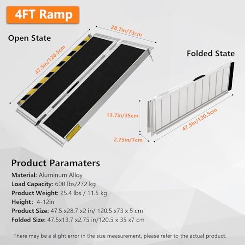 Wheelchair ramp 4FT,Non-Slip Aluminum Wheelchair ramps for Home Steps,Folding Handicap Ramp,ramps for Home,doorways,Stairs,Weight Capacity up to 600LBS 4FT (Usable Height 4-12 inch)