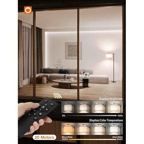 addlon Floor Lamp for Living Room with Remote, Dimmable Standing lamp with Linen lampshade for Bedroom, Office, Lamps with 9W LED Bulb Included - Black with Beige Lampshade