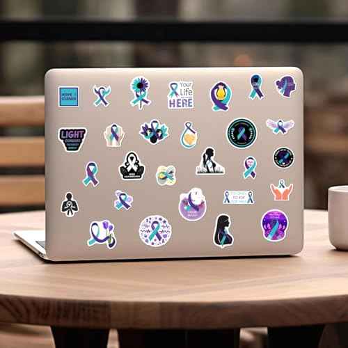108 PCS Mental Health Awareness Stickers Pack, Vinyl Waterproof Teal and Purple Ribbon Stickers for Laptop Water Bottle Scrapbook, Positive Affirmation Decals for Kids Teens