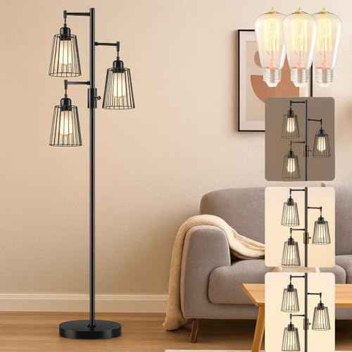 PESRAE Dimmable Industrial Floor Lamp, Farmhouse Floor Lamp Standing Lamp with 3 Elegant Teardrop Cage Heads & Included 3 x 1200LM Edison LED Bulbs, Tall Lamp for Living Room, Bedroom (Matte Black)