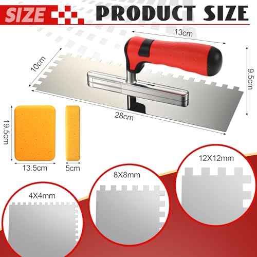 Leinuosen 6 Pcs Tile Tools Set Include 3 Pcs Stainless Steel Square Notch Trowel, 1 Rubber Grout Float and 2 Grout Sponge for Wall Floor Tiling Installation Grouting