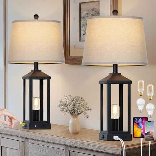 28" Tall Vintage Table Lamp Set of 2 with USB C+A & Outlet,Black Industrial End Table Lamp for Living Room,Farmhouse Rustic Bedside Lamps Set of 2 with Night Light ,Vintage Bedroom Lamp for Nightstand