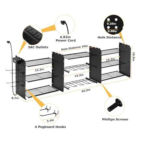 Tool Organizer Wall Mount, 3 Layer Storage Rack, 45 inch long, extra storage space, Heavy Duty Rack for Drill Bit Metal Power Tools, Storage Shelf with Charging Station for Garage Organization