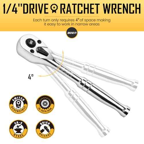 boen 1/4-Inch Drive Ratchet, 90-Tooth Quick-Release Ratchet Wrench, 4-Degree Swing, Reversible, Chrome Alloy Made, Full Polished