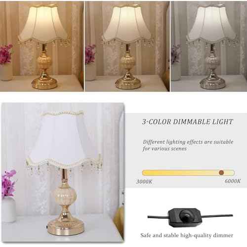 Classical Tiffany European Style Table Lamp Fabric Drum Shade and Gold Base American Decor Classic Bedside Desk Nightstand Table Lamp for Bedroom Living Room