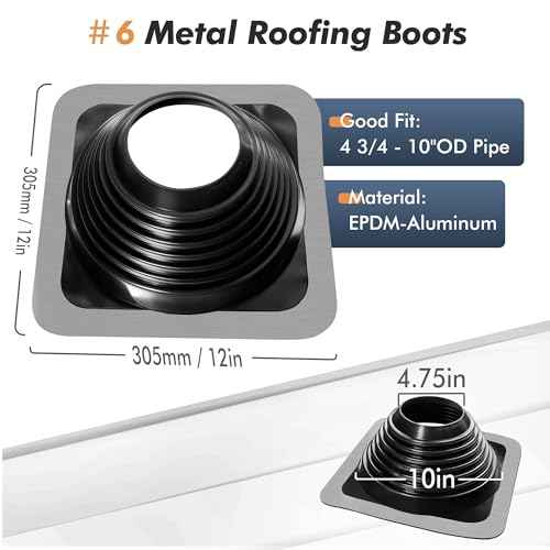 #6 Epdm Metal Roof Vent Boot, Flexible Roofing Boots Fits Pipe Od 4 3/4'' to 10'', Metal Roof Jacks Flashing for Houses Includ Roofing Screws & Hex, Black/ 1 Pcs