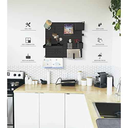 Pegboard Combination Kit and 13 Accessories(Shelf Hook Brackets Container) No Punching for Garage Kitchen Living Room Bathroom Office 22"x22",Pegboard Wall Organizer (Upgraded)