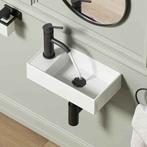 Wall Mount Bathroom Sink, QISHKA 16" x 8.5" Modern Ceramic Rectangular Floating Sink, White Rectangle Wall Hung Wash Basin Vessel Sink, Save Space for Bathrooms (Left Hand)