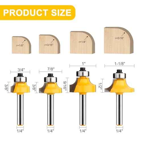 Roundover Router Bit Set 1/4 Inch Shank, Bearing Guide for Rounding Edge Bit, Radius in 1/8", 1/4", 3/16", 5/16"