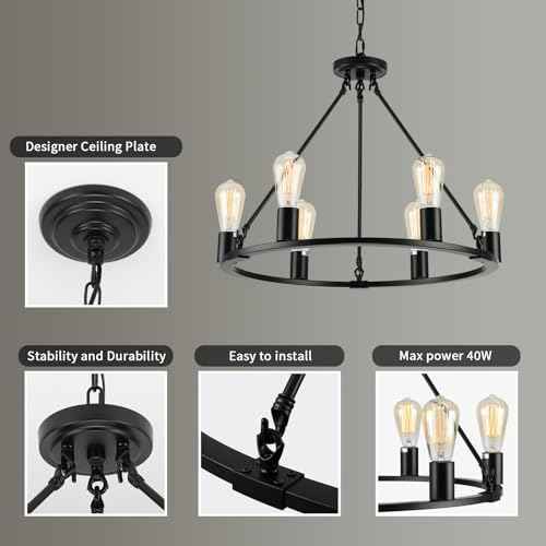Black Chandelier, 6-Light Dining Room Light Fixture, Round Farmhouse Wagon Wheel Chandeliers for Dining Room Living Room Entryway Kitchen Island Dia 24"