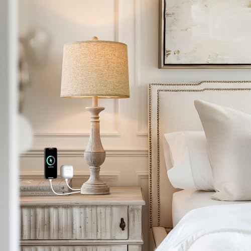 PoKat 27.25'' Table Lamp for Living Room with 2 USB Ports - Bedside Lamps for Night Stands, Farmhosue Nightstand Light Lamp, Mid Century Tall Lamp for Bedroom, Living Room, End Table, Distressed White